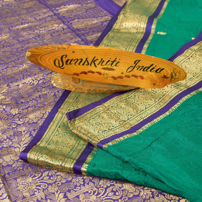 Sanskriti Vintage Green Sarees Pure Silk Brocade Zari Woven Sari Textile Fabric