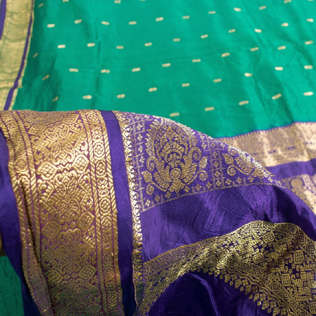 Sanskriti Vintage Green Sarees Pure Silk Brocade Zari Woven Sari Textile Fabric