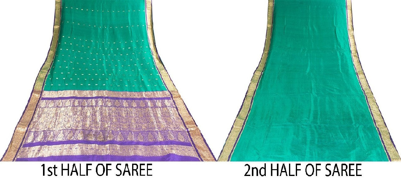 Sanskriti Vintage Green Sarees Pure Silk Brocade Zari Woven Sari Textile Fabric