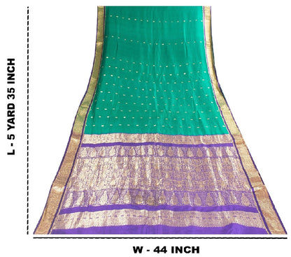 Sanskriti Vintage Green Sarees Pure Silk Brocade Zari Woven Sari Textile Fabric