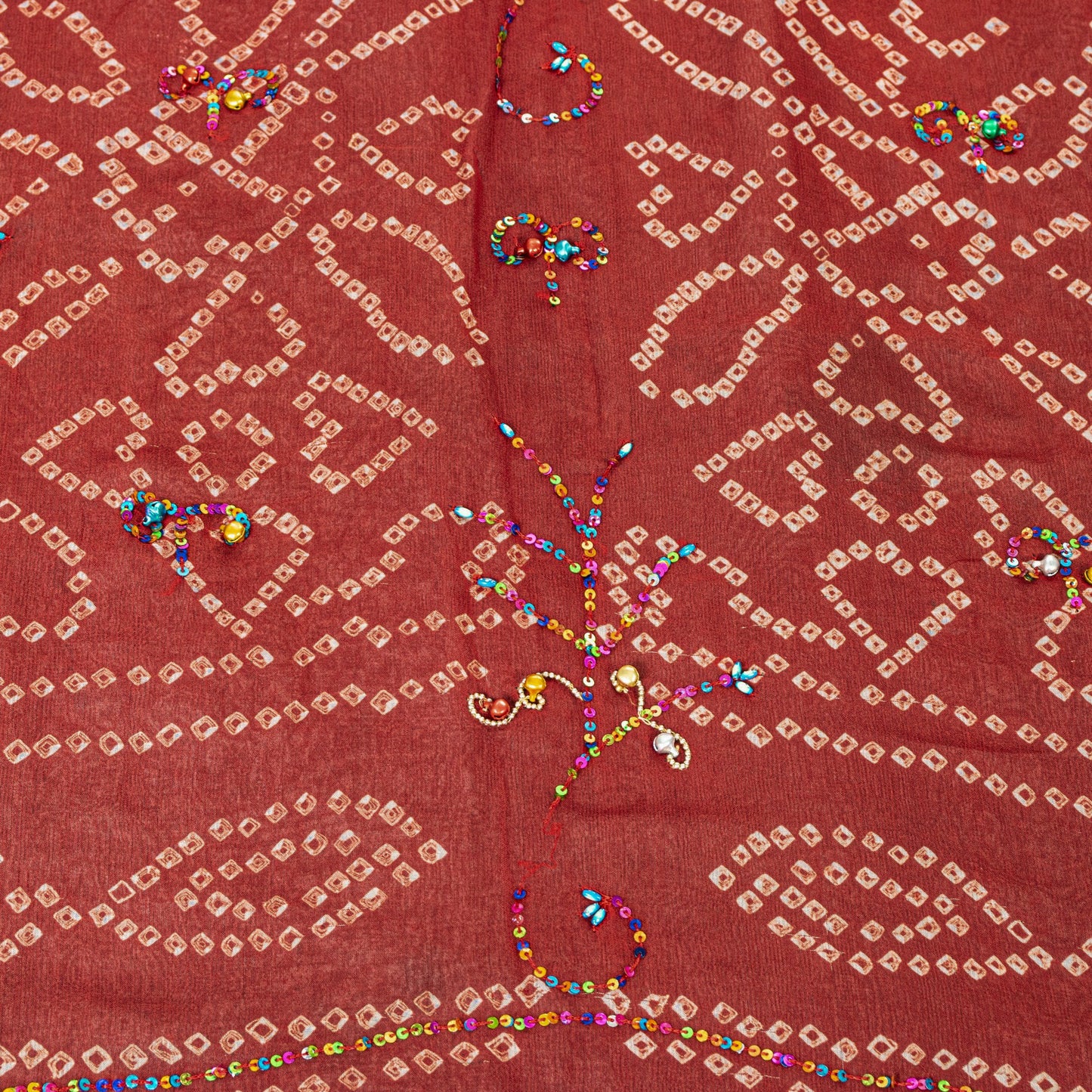 Sanskriti Vintage Black-Red Pure Georgette Saree Bandhani Hand Bead 5+YD Fabric