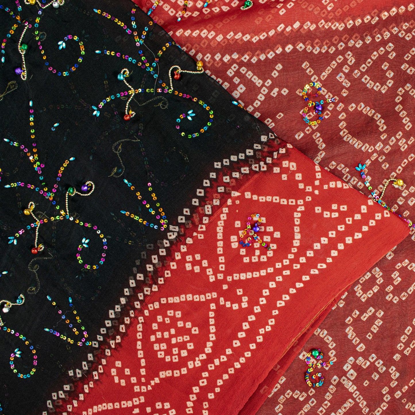 Sanskriti Vintage Black-Red Pure Georgette Saree Bandhani Hand Bead 5+YD Fabric