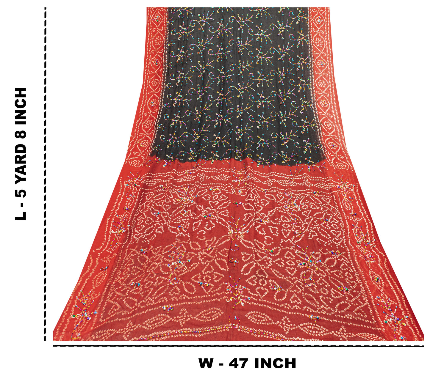 Sanskriti Vintage Black-Red Pure Georgette Saree Bandhani Hand Bead 5+YD Fabric