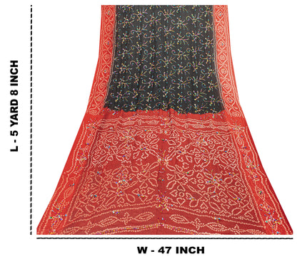 Sanskriti Vintage Black-Red Pure Georgette Saree Bandhani Hand Bead 5+YD Fabric