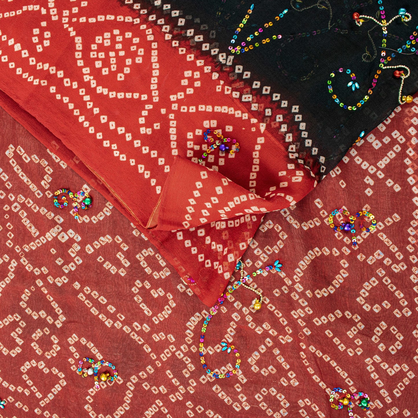 Sanskriti Vintage Black-Red Pure Georgette Saree Bandhani Hand Bead 5+YD Fabric