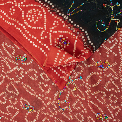 Sanskriti Vintage Black-Red Pure Georgette Saree Bandhani Hand Bead 5+YD Fabric