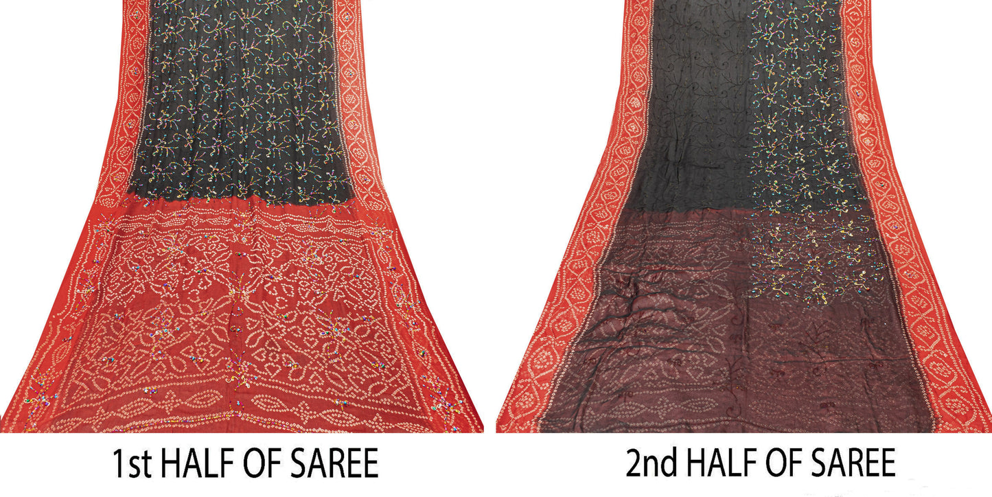 Sanskriti Vintage Black-Red Pure Georgette Saree Bandhani Hand Bead 5+YD Fabric
