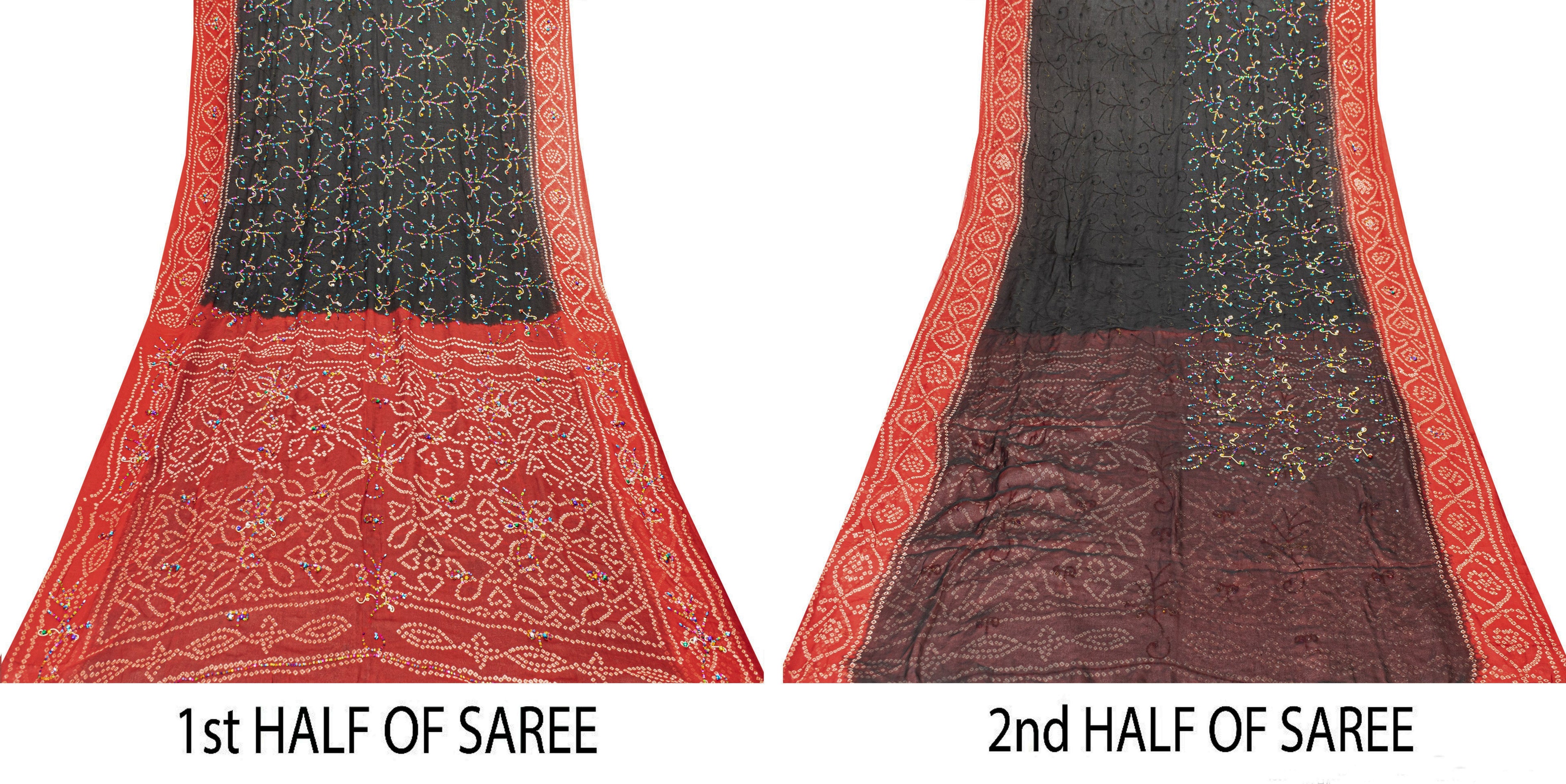 Sanskriti Vintage Black-Red Pure Georgette Saree Bandhani Hand Bead 5+YD Fabric