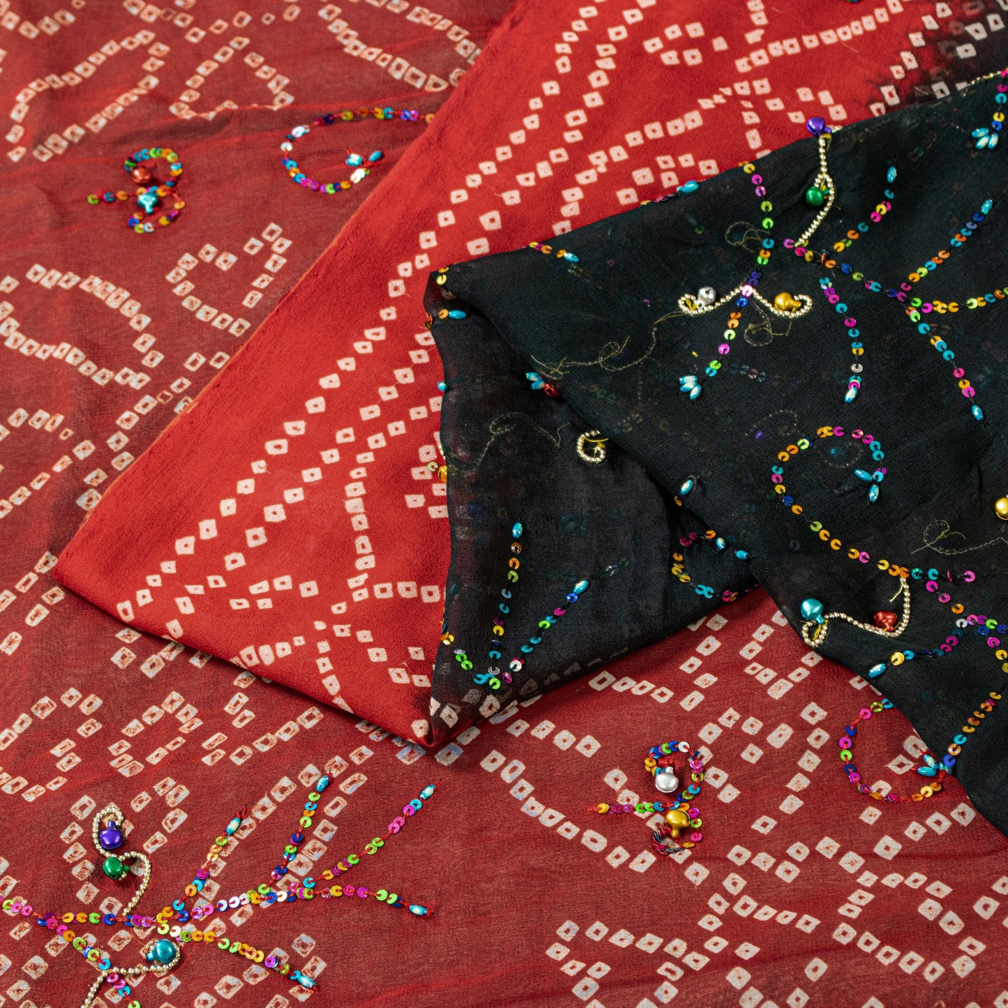 Sanskriti Vintage Black-Red Pure Georgette Saree Bandhani Hand Bead 5+YD Fabric