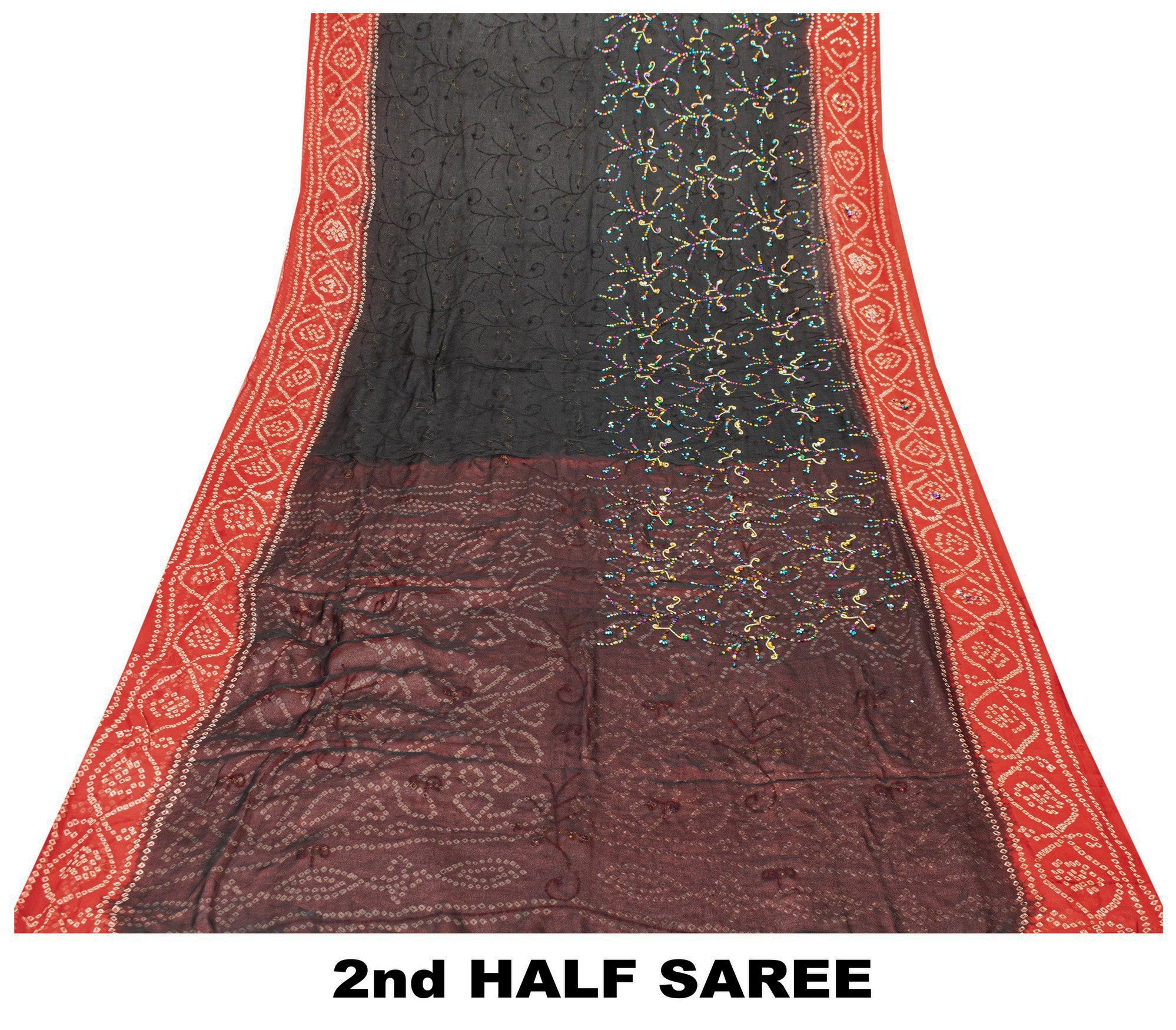 Sanskriti Vintage Black-Red Pure Georgette Saree Bandhani Hand Bead 5+YD Fabric