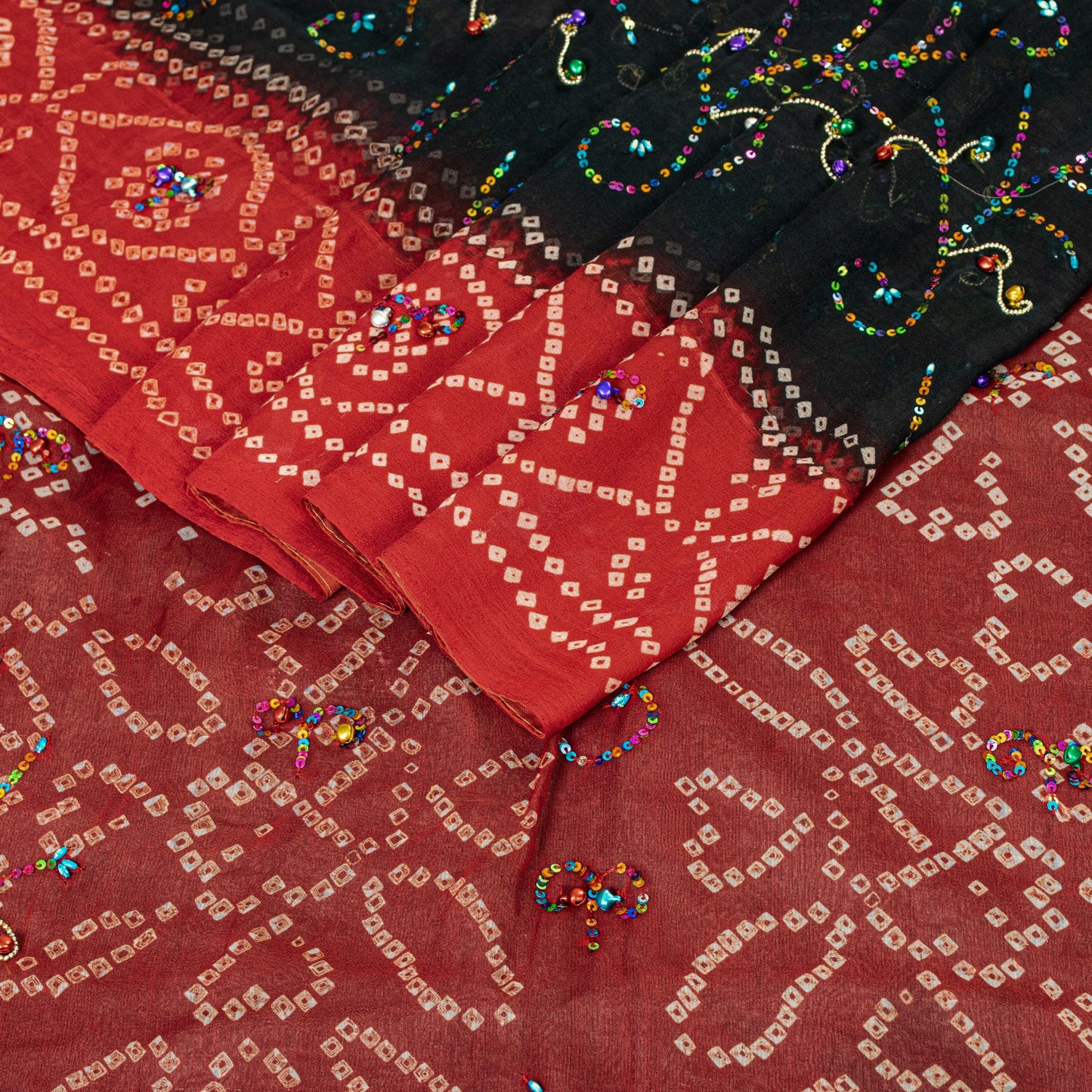 Sanskriti Vintage Black-Red Pure Georgette Saree Bandhani Hand Bead 5+YD Fabric