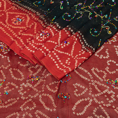Sanskriti Vintage Black-Red Pure Georgette Saree Bandhani Hand Bead 5+YD Fabric