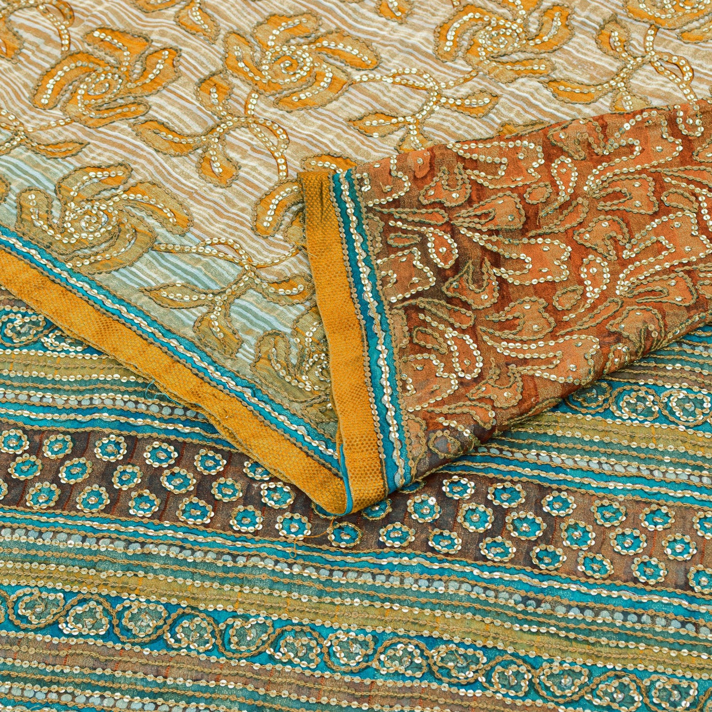 Sanskriti Vintage Saffron-Blue Pure Georgette Silk Saree Embroidery 5.5YD Fabric