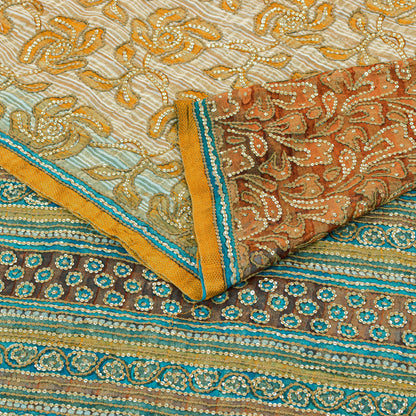 Sanskriti Vintage Saffron-Blue Pure Georgette Silk Saree Embroidery 5.5YD Fabric