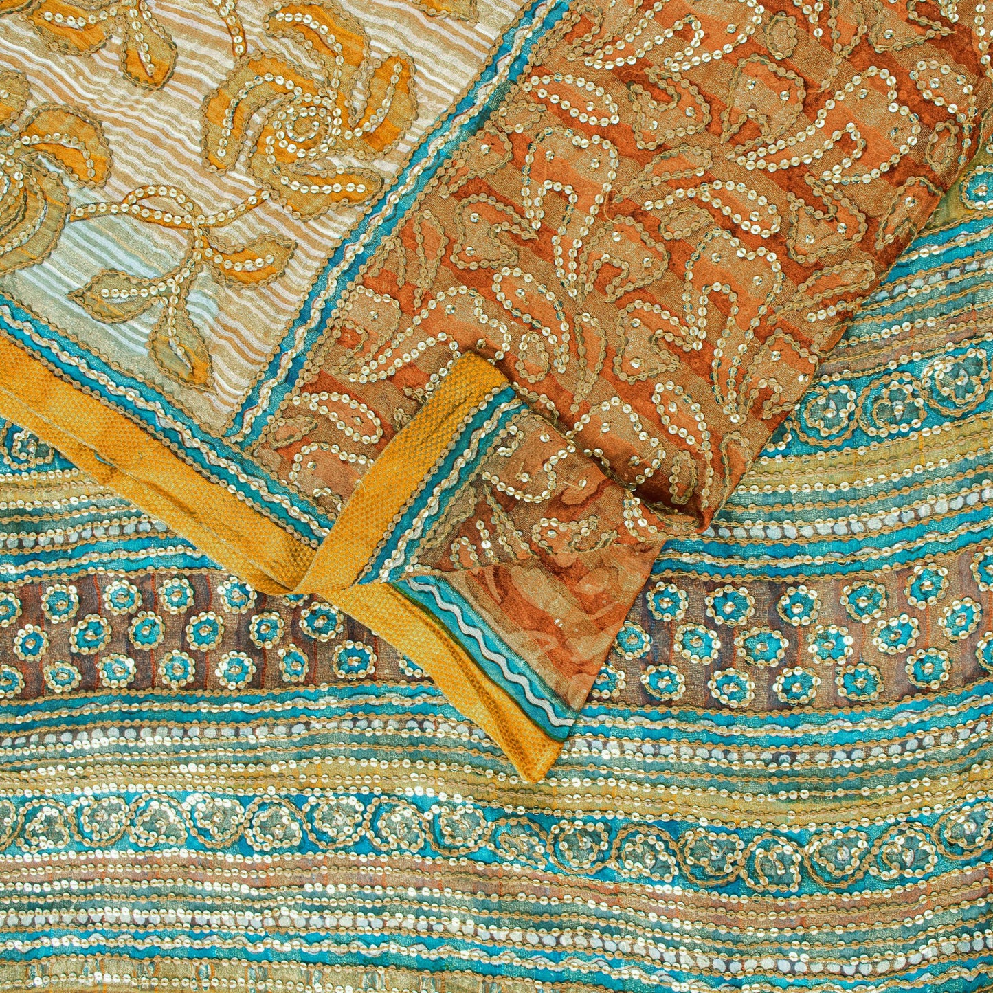 Sanskriti Vintage Saffron-Blue Pure Georgette Silk Saree Embroidery 5.5YD Fabric
