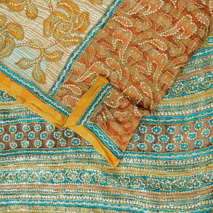 Sanskriti Vintage Saffron-Blue Pure Georgette Silk Saree Embroidery 5.5YD Fabric