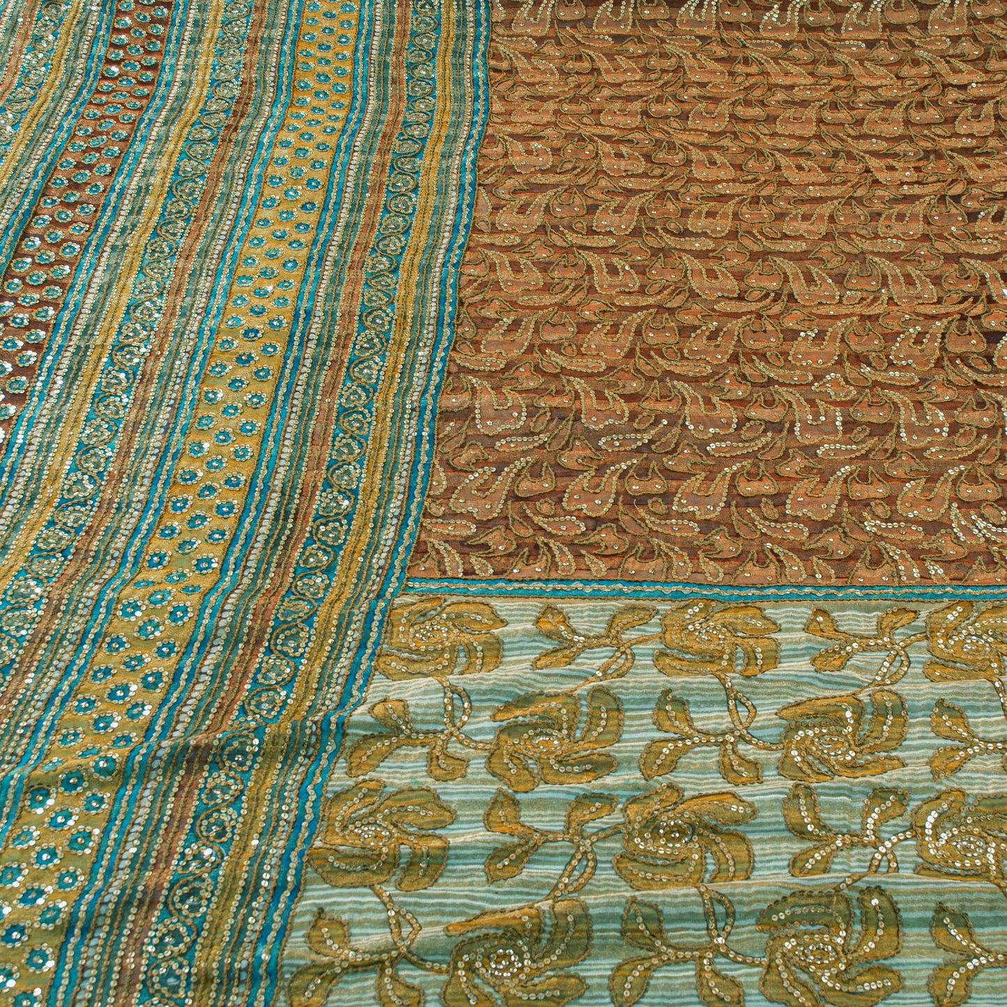 Sanskriti Vintage Saffron-Blue Pure Georgette Silk Saree Embroidery 5.5YD Fabric