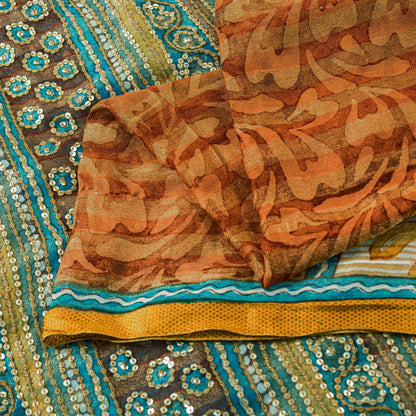 Sanskriti Vintage Saffron-Blue Pure Georgette Silk Saree Embroidery 5.5YD Fabric