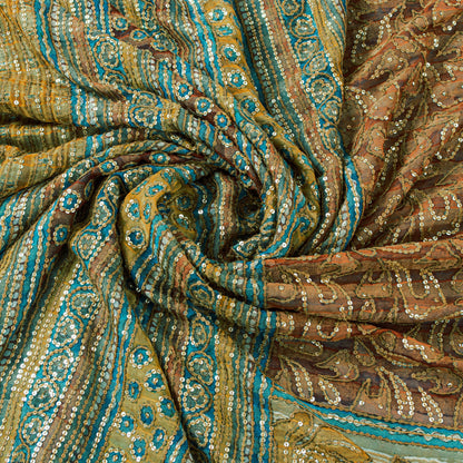 Sanskriti Vintage Saffron-Blue Pure Georgette Silk Saree Embroidery 5.5YD Fabric