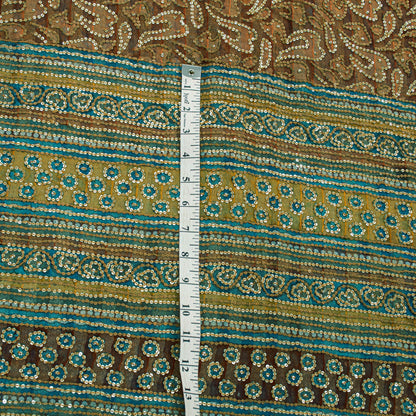 Sanskriti Vintage Saffron-Blue Pure Georgette Silk Saree Embroidery 5.5YD Fabric
