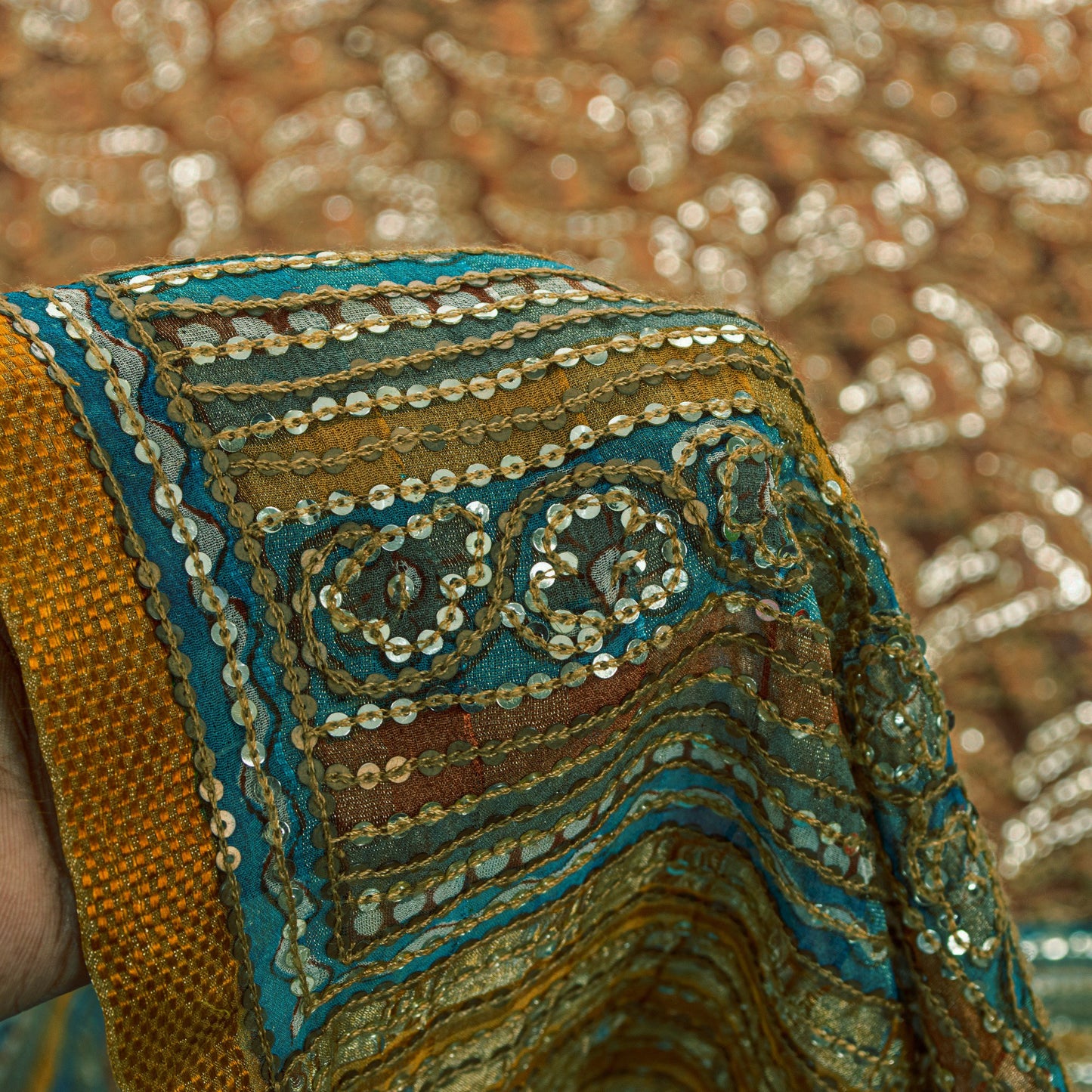 Sanskriti Vintage Saffron-Blue Pure Georgette Silk Saree Embroidery 5.5YD Fabric