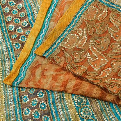 Sanskriti Vintage Saffron-Blue Pure Georgette Silk Saree Embroidery 5.5YD Fabric