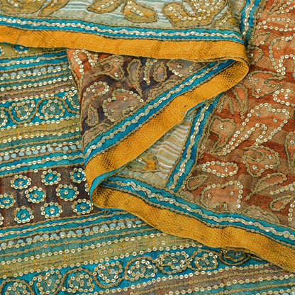 Sanskriti Vintage Saffron-Blue Pure Georgette Silk Saree Embroidery 5.5YD Fabric
