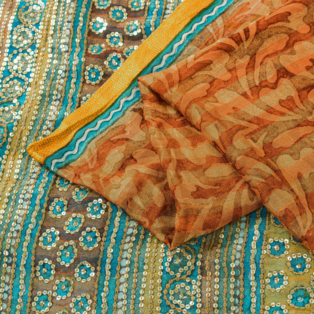 Sanskriti Vintage Saffron-Blue Pure Georgette Silk Saree Embroidery 5.5YD Fabric