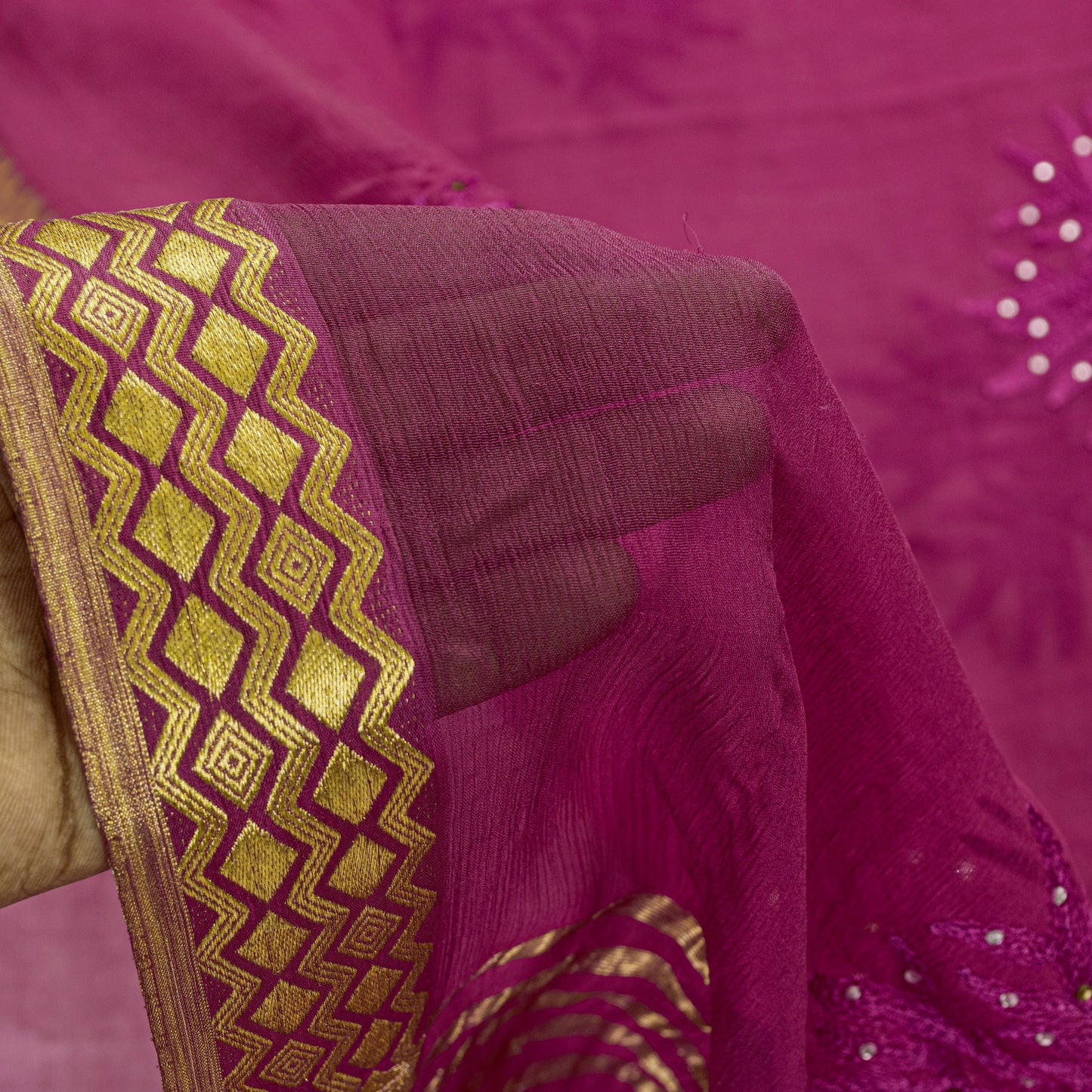 Sanskriti Vintage Pink Pure Chiffon Silk Saree Embroidery Zari Woven 6+YD Fabric