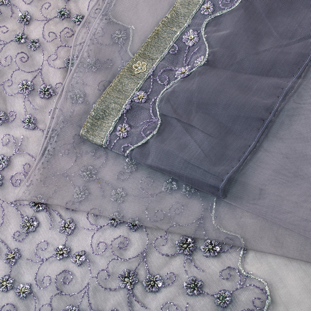 Sanskriti Vintage Lavender Net Saree Hand Embroidered Zardozi Sari 5+YD Fabric