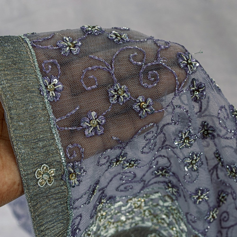 Sanskriti Vintage Lavender Net Saree Hand Embroidered Zardozi Sari 5+YD Fabric