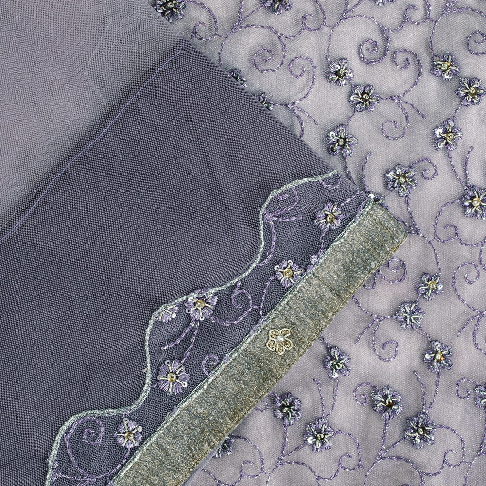 Sanskriti Vintage Lavender Net Saree Hand Embroidered Zardozi Sari 5+YD Fabric