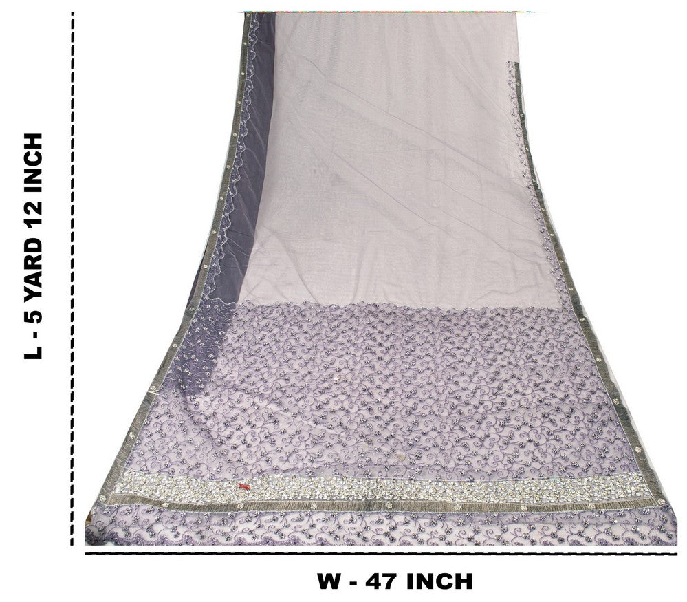 Sanskriti Vintage Lavender Net Saree Hand Embroidered Zardozi Sari 5+YD Fabric