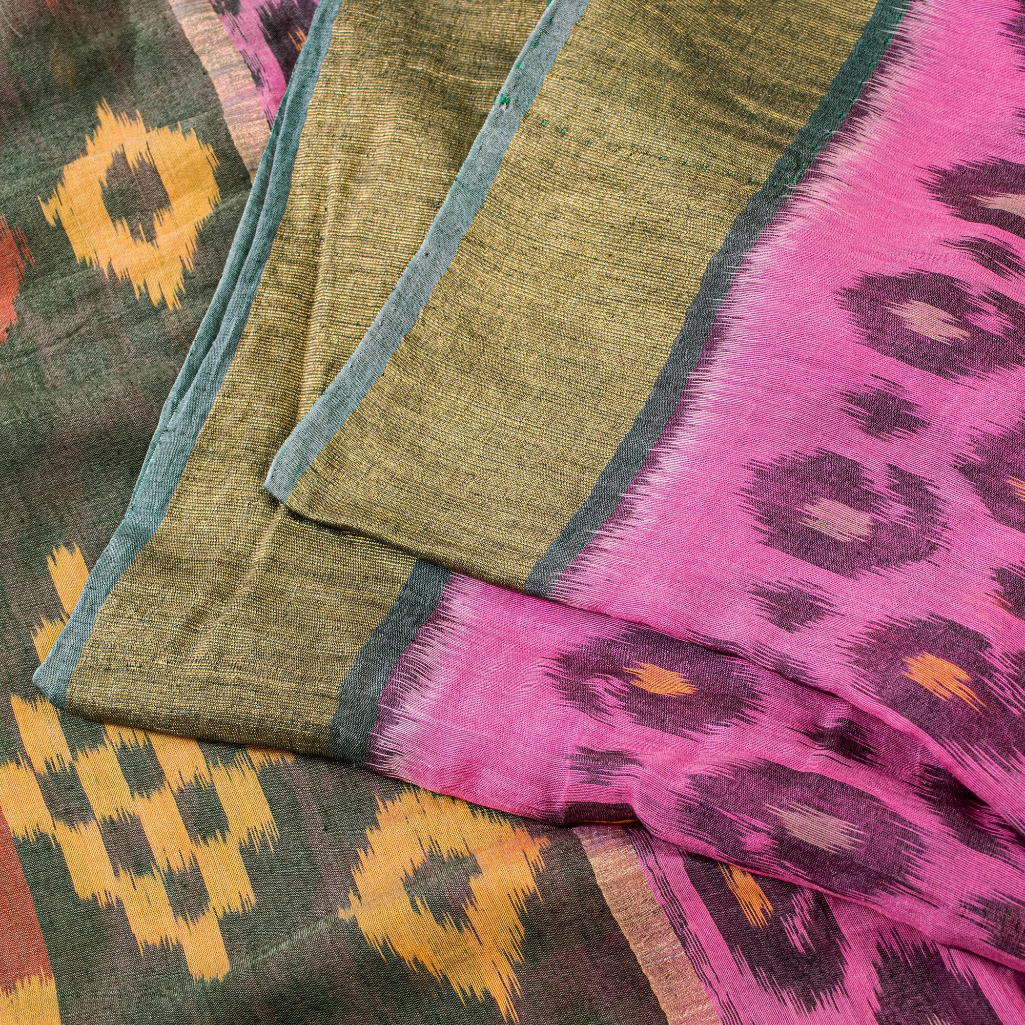 Sanskriti Vintage Pink Cotton Silk Saree Ikat Hand Woven Sambhalpuri 5+YD Fabric