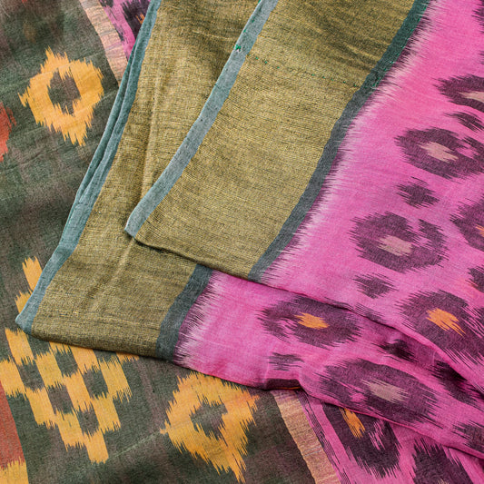 Sanskriti Vintage Pink Cotton Silk Saree Ikat Hand Woven Sambhalpuri 5+YD Fabric