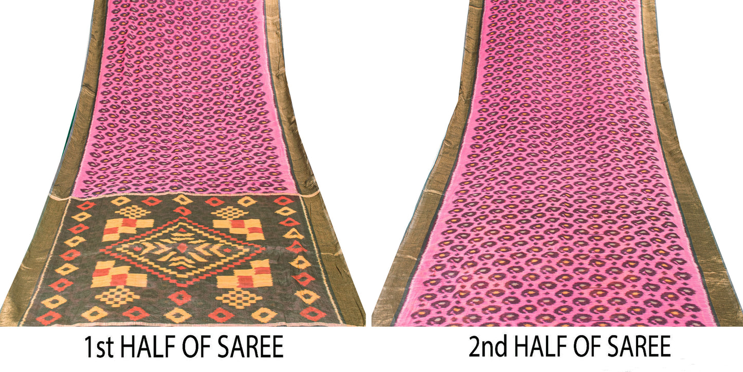 Sanskriti Vintage Pink Cotton Silk Saree Ikat Hand Woven Sambhalpuri 5+YD Fabric