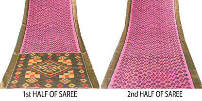 Sanskriti Vintage Pink Cotton Silk Saree Ikat Hand Woven Sambhalpuri 5+YD Fabric