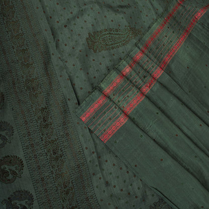 Sanskriti Vintage Saree Green Pure Silk Peacock Hand Woven Bengali Sari Fabric