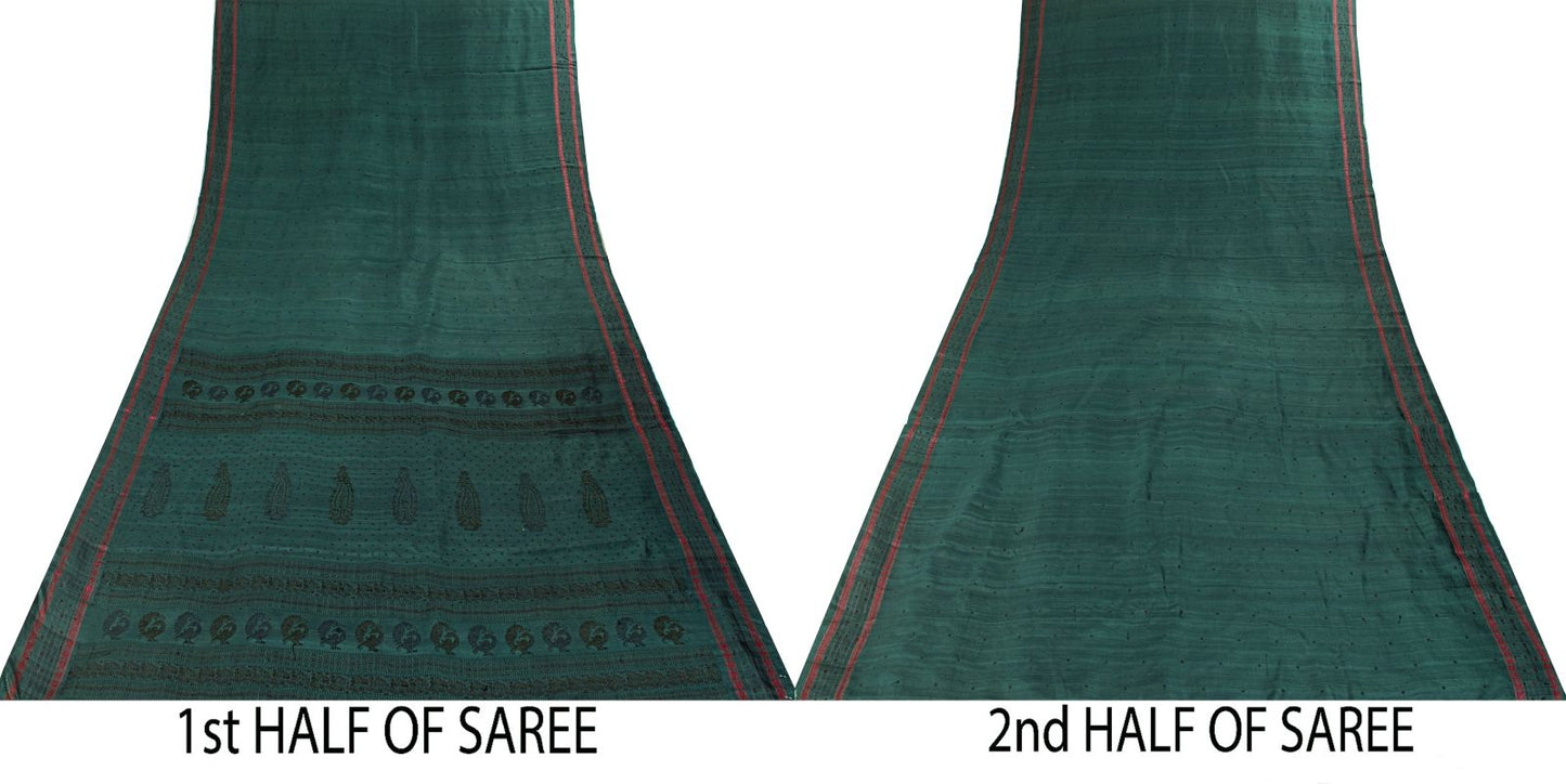 Sanskriti Vintage Saree Green Pure Silk Peacock Hand Woven Bengali Sari Fabric