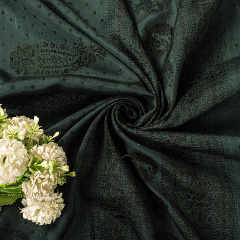 Sanskriti Vintage Saree Green Pure Silk Peacock Hand Woven Bengali Sari Fabric