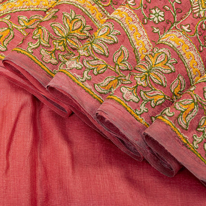 Sanskriti Vintage Pink Pure Silk Saree Hand Embroidered Suzani Sari 5+ YD Fabric