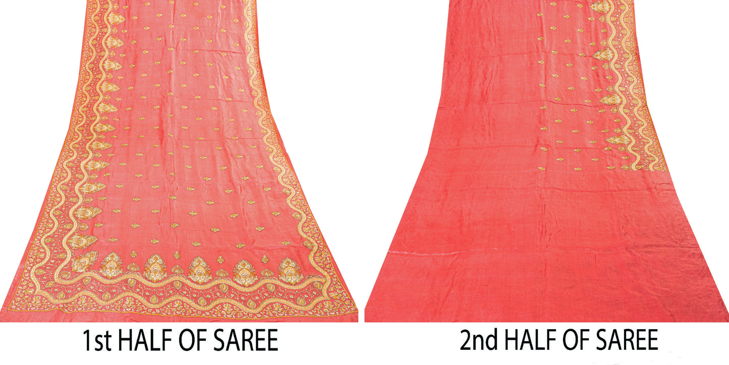Sanskriti Vintage Pink Pure Silk Saree Hand Embroidered Suzani Sari 5+ YD Fabric
