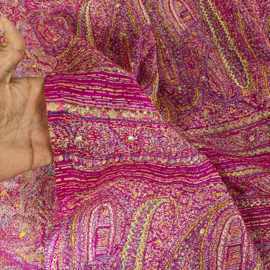Sanskriti Vintage Saree Pink Pure Silk Paisley Embroidered Sari 6+YDCraft Fabric