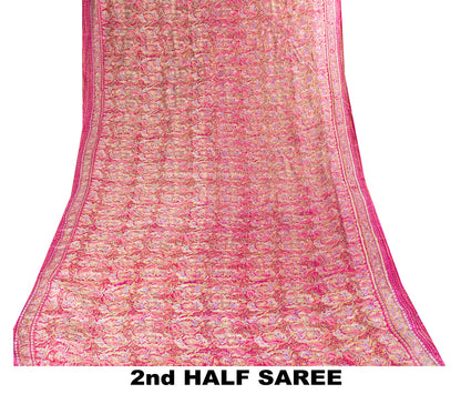 Sanskriti Vintage Saree Pink Pure Silk Paisley Embroidered Sari 6+YDCraft Fabric