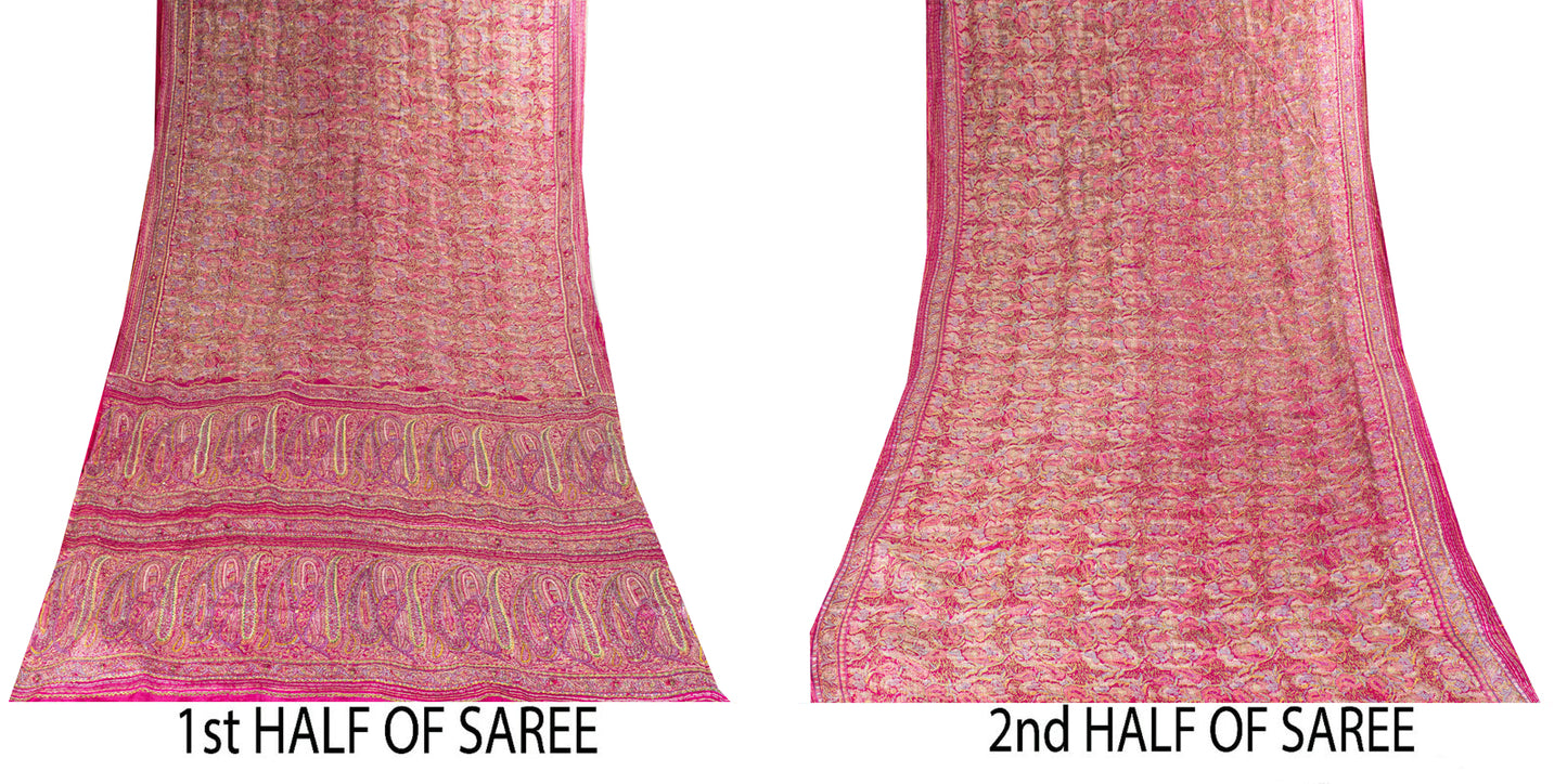 Sanskriti Vintage Saree Pink Pure Silk Paisley Embroidered Sari 6+YDCraft Fabric
