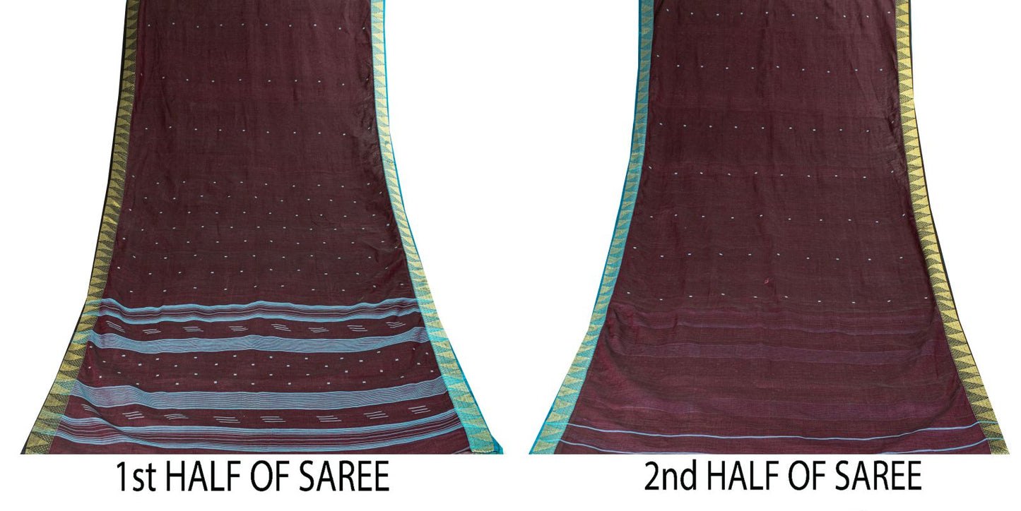 Sanskriti Vintage Saree Brown Pure Cotton Tant Handwoven Bengali Sari 5+YDFabric