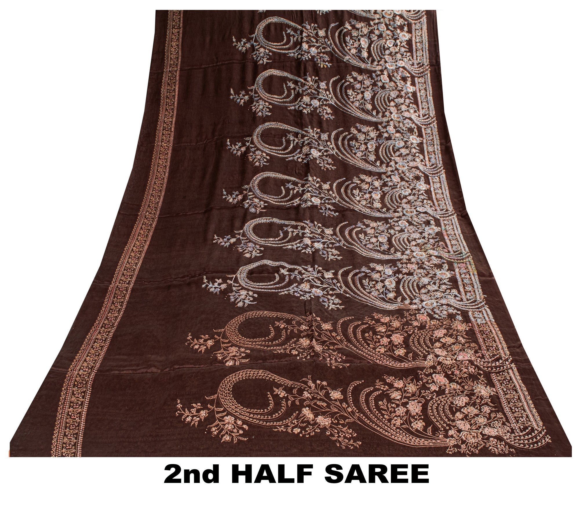 Sanskriti Vintage Brown 100% Pure Silk Saree Embroidered Print 5+YD Decor Fabric