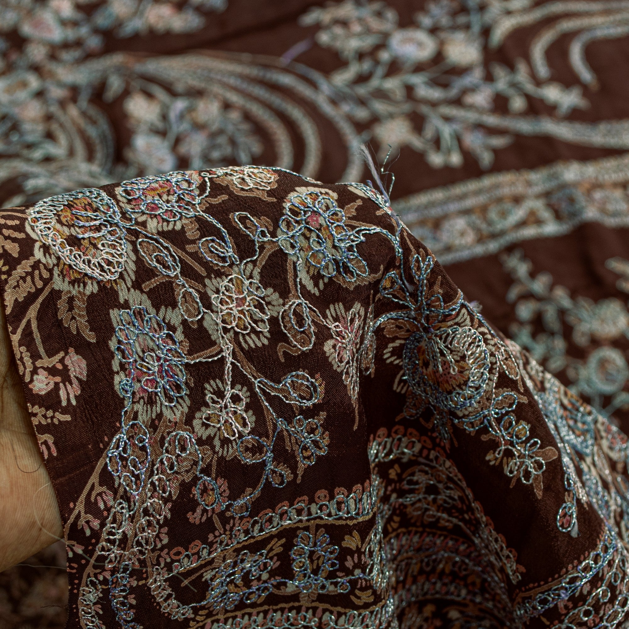 Sanskriti Vintage Brown 100% Pure Silk Saree Embroidered Print 5+YD Decor Fabric