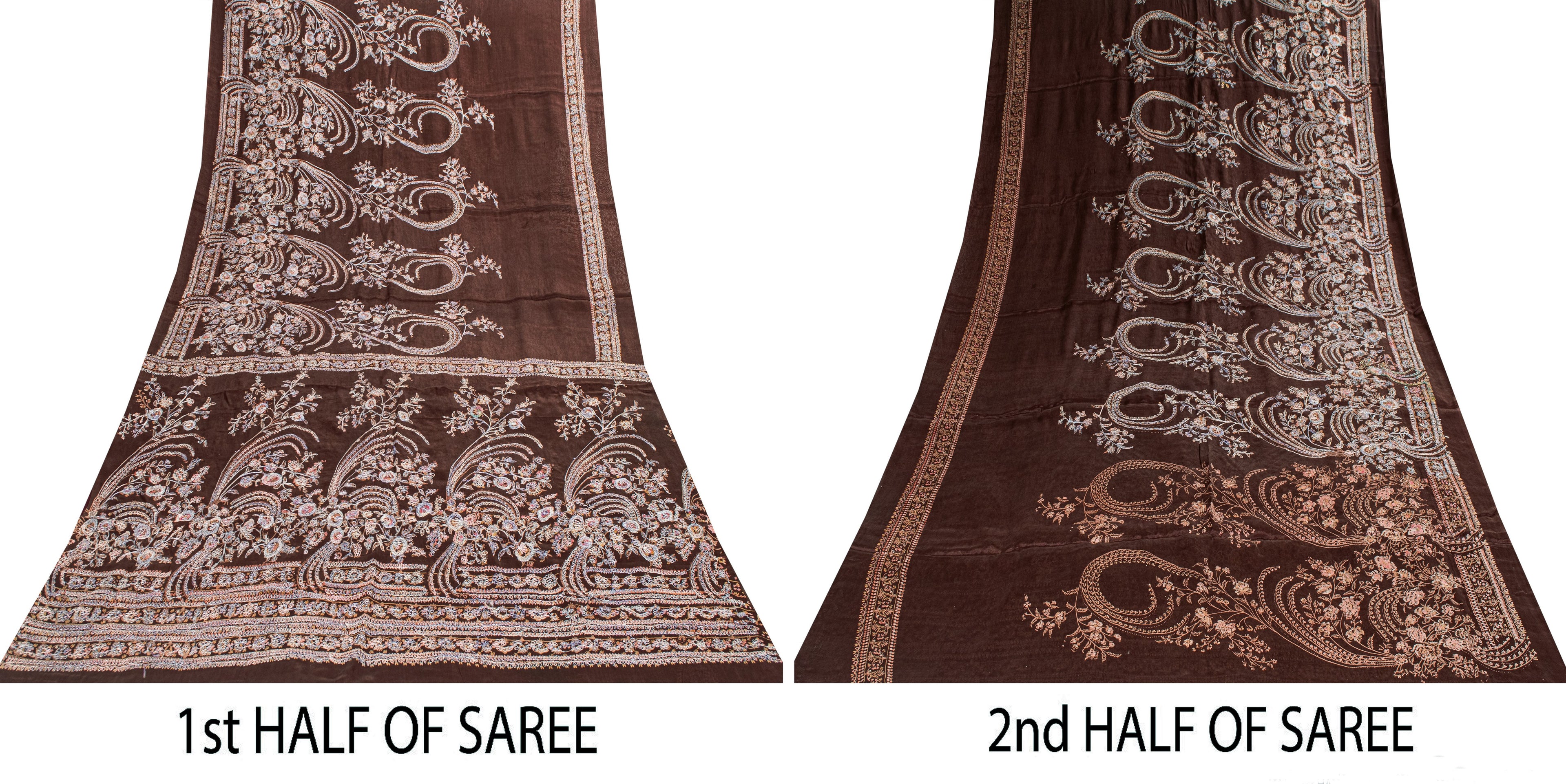 Sanskriti Vintage Brown 100% Pure Silk Saree Embroidered Print 5+YD Decor Fabric