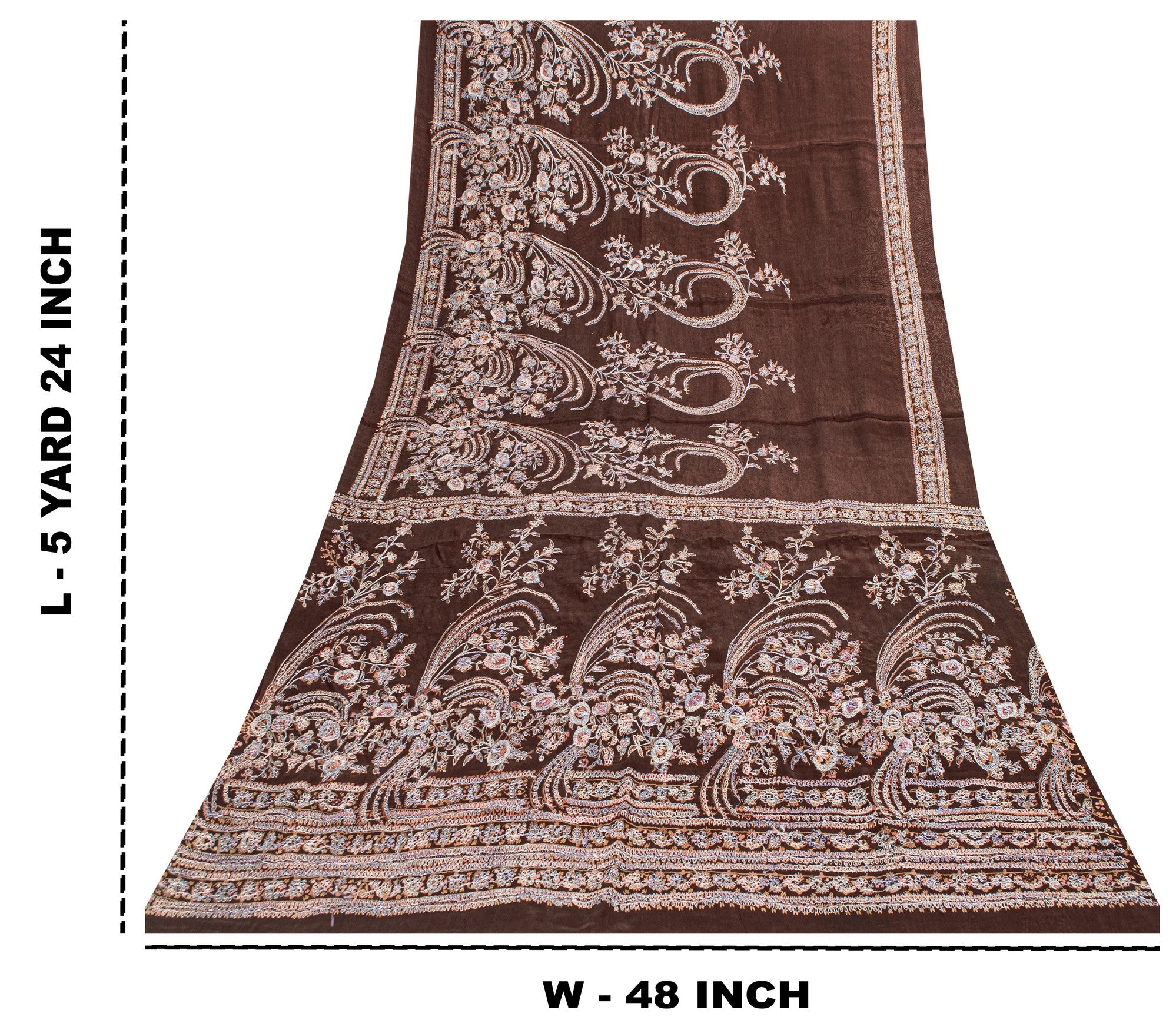 Sanskriti Vintage Brown 100% Pure Silk Saree Embroidered Print 5+YD Decor Fabric